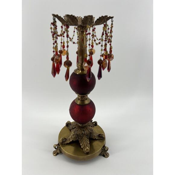 Victorian Baroque Ornate Beaded Ruby Red Glass Brass Candle Holder Prisms - Picture 7 of 11